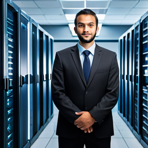 Home 14 A professional network architect in a modest business suit, standing confidently amidst rows of high-tech server racks in a modern data center, symbolizing robust infrastructure and high availability. The background features a subtle glow from the server lights. This image should convey a sense of stability and resilience, captured with professional photography, high quality, perfect anatomy, correct proportions, natural pose, well-formed hands, proper finger count, natural body proportions, fully clothed, modest clothing, appropriate attire, professional dress, safe for work, appropriate content, professional.