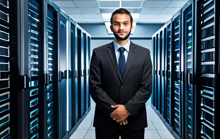 A professional network architect in a modest business suit, standing confidently amidst rows of high-tech server racks in a modern data center, symbolizing robust infrastructure and high availability. The background features a subtle glow from the server lights. This image should convey a sense of stability and resilience, captured with professional photography, high quality, perfect anatomy, correct proportions, natural pose, well-formed hands, proper finger count, natural body proportions, fully clothed, modest clothing, appropriate attire, professional dress, safe for work, appropriate content, professional.