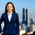 **

A professional businesswoman in a modest navy blue business suit, standing confidently in front of the Sao Paulo skyline, fully clothed, appropriate attire, safe for work, perfect anatomy, correct proportions, natural pose, professional corporate photography, high quality, family-friendly.

**