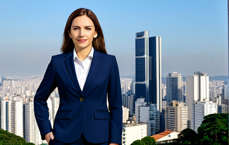 **

A professional businesswoman in a modest navy blue business suit, standing confidently in front of the Sao Paulo skyline, fully clothed, appropriate attire, safe for work, perfect anatomy, correct proportions, natural pose, professional corporate photography, high quality, family-friendly.

**