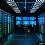 서버 리소스 사용량 최적화 - A modern data center server room with rows of sleek, high-performance servers glowing with blue and ...