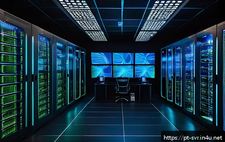 서버 리소스 사용량 최적화 - A modern data center server room with rows of sleek, high-performance servers glowing with blue and ...