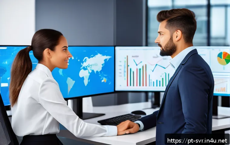 서버 모니터링 도구 비교 - A modern IT professional team in a bright, organized office environment, actively monitoring multipl...