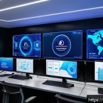 Kubernetes로 서버 오케스트레이션 구현 - A modern data center control room with diverse IT professionals collaborating on container orchestra...